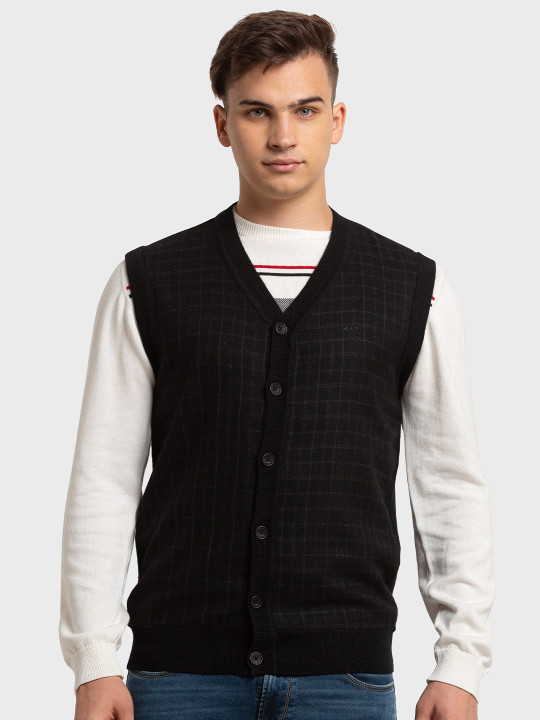 ColorPlus Checked Sleeveless V-Neck Cardigan Sweater