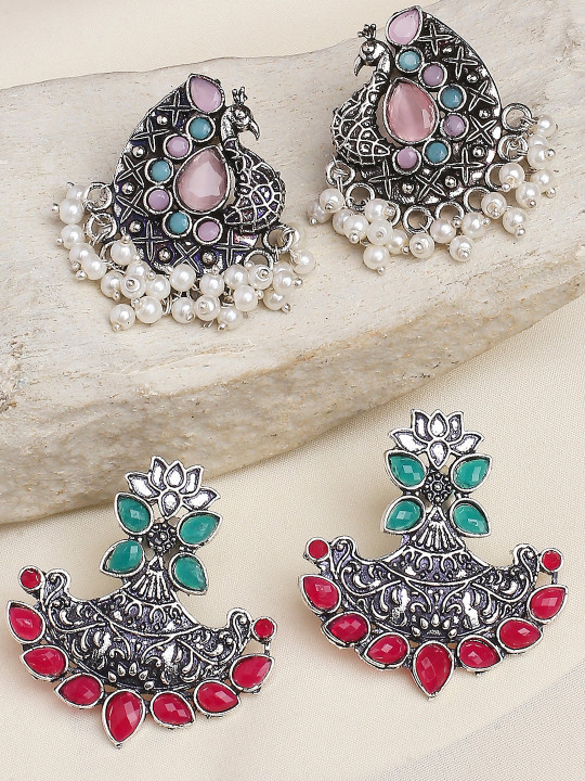 OOMPH Set Of 2 Artificial Stones and Beads-Studded Oxidised Drop Earrings