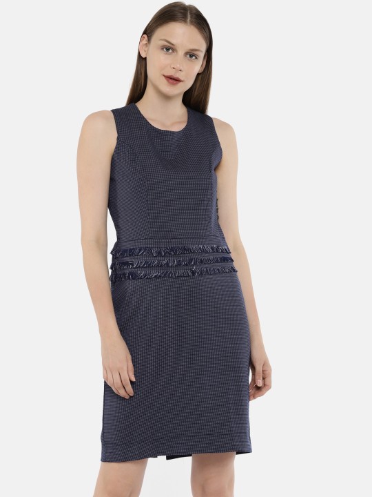 Women Navy Blue Self-Design Sheath Dress XS