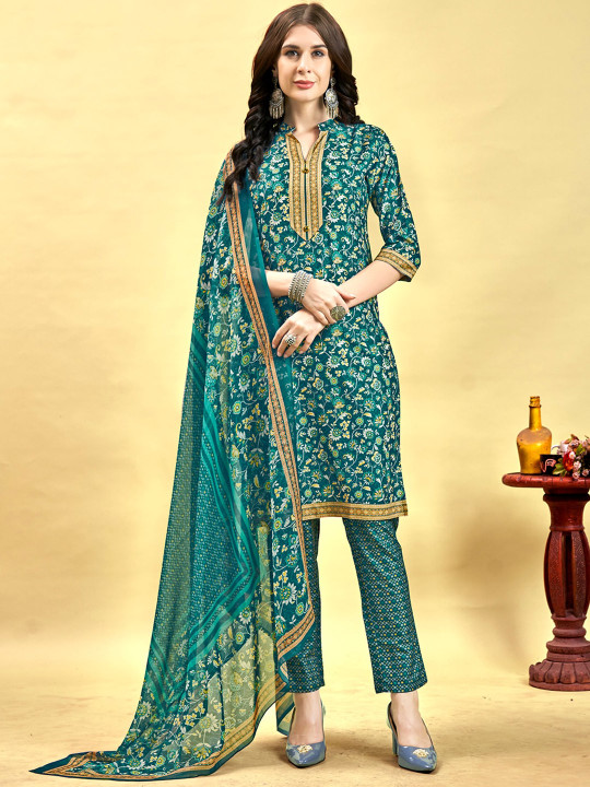 Anouk Teal Ethnic Motifs Printed Kurta With Trousers & Dupatta
