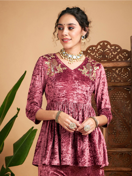 Shae by SASSAFRAS Embroidered V-Neck Velvet Peplum Top
