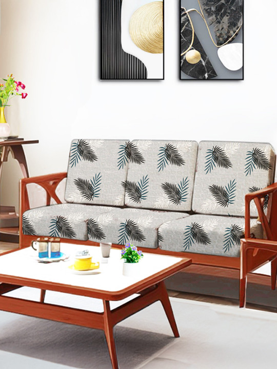 ohello Grey Leaf Polyester Washable 6PC Straight 5 Seater Sofa Cover-22x22x6In
