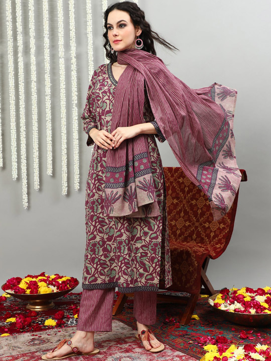 Sangria Ethnic Motifs Printed Pure Cotton Kurta With Palazzos & Dupatta