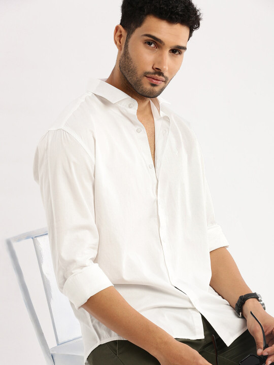 SHOWOFFFF Premium Slim Fit Spread Collar Long Sleeves Cotton Twill Casual Shirt