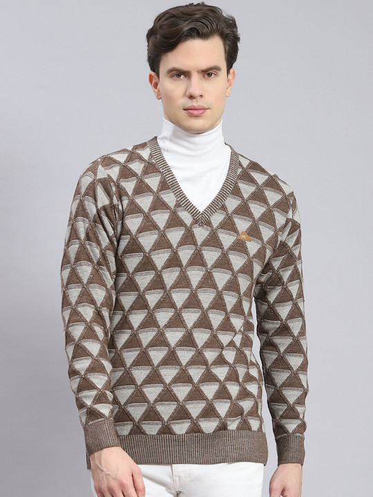 Monte Carlo Geometric Printed V-Neck Woollen Pullover Sweater