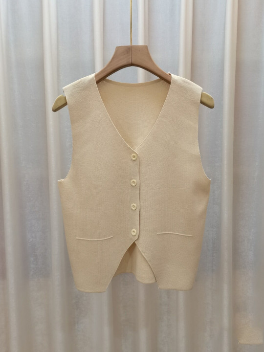 StyleCast Beige Sleeveless Acrylic Shirt Style Top