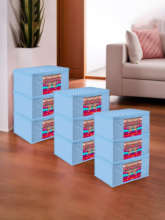 Kuber Industries Blue 9 Pieces Printed Saree Organisers