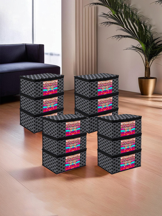 Kuber Industries Black & Grey 12 Pieces Checked Saree Organisers