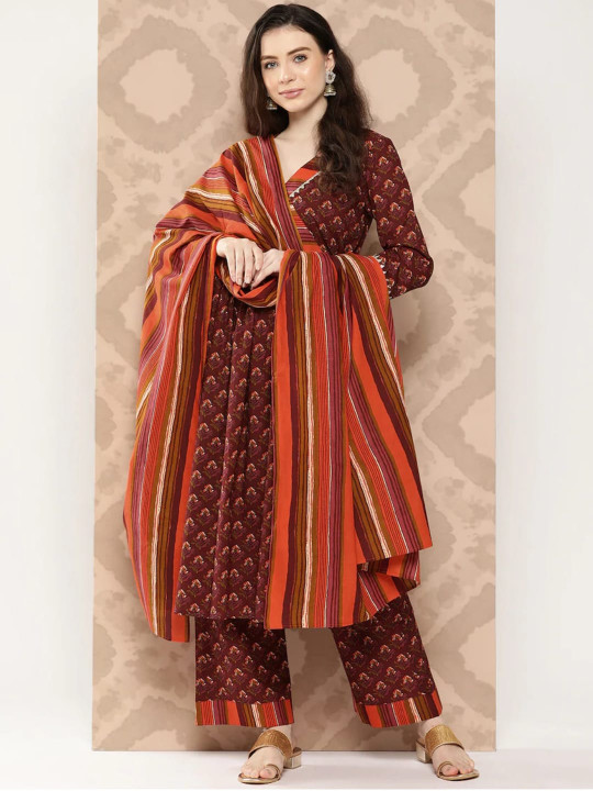 KALINI Floral Yoke Design Empire Sequinned Pure Cotton Kurta With Palazzos & Dupatta