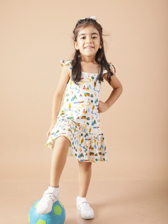 Ola Otter Girls Conversational Printed Square Neck Ruffled Organic Cotton A-Line Dress