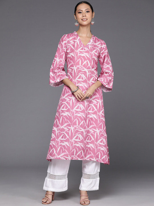 KALINI Abstract Printed V-Neck Flared Sleeves Cotton Straight Kurta