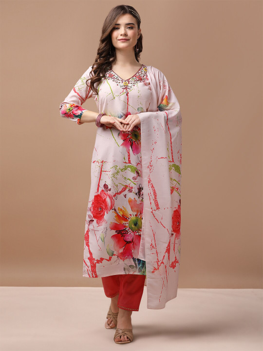 KALINI Floral Printed V-Neck Beads and Stones Straight Kurta & Trousers With Dupatta