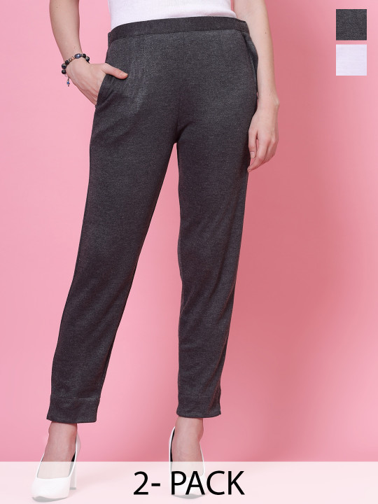 Clora Creation Women Pack of 2 Smart Fit Mid-Rise Easy Wash Woollen Cigarette Trousers