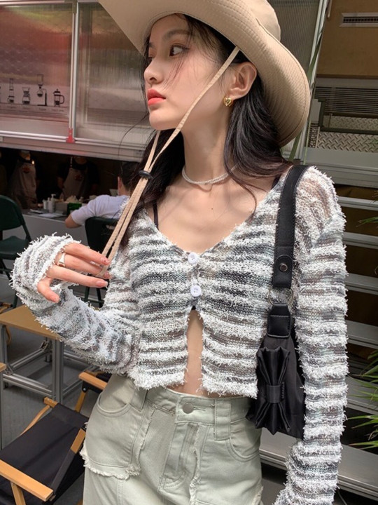 StyleCast Girls White Horizontal Stripes V-Neck Long Sleeves Regular Crop Top