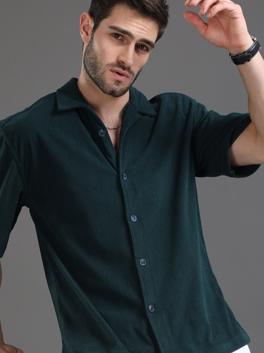 HERE&NOW Ribbed Cuban Collar Corduroy Oversized Casual Shirt