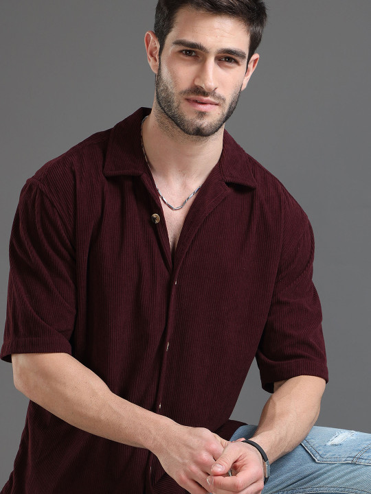 HERE&NOW Self Design Corduroy Weave Oversized Casual Shirt