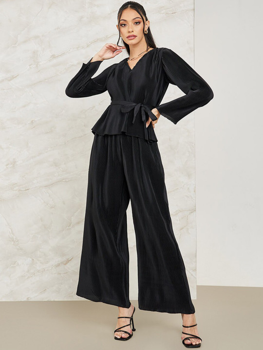 Styli Striped V- Neck Top With Flared Trouser