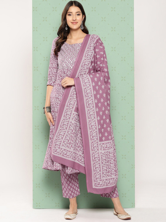 KALINI Ethnic Motifs Printed Pure Cotton Anarkali Kurta with Trousers & Dupatta