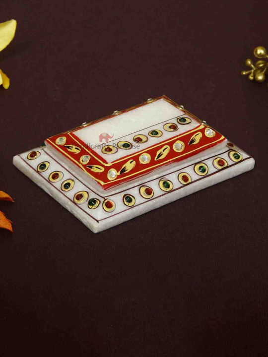HANDICRAFTS PARADISE White & Red Kundan Studded Marble Pooja Chowkie