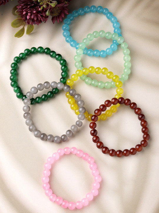 NVR Unisex Set Of 7 Artificial Beads-Beaded Elasticated Bracelet