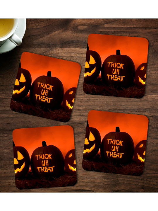 ARTBUG 4 Pieces Black & Orange Printed Wooden Coasters