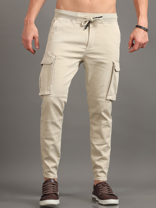 HERE&NOW Men Beige Slim Fit Mid-Rise Cotton Joggers