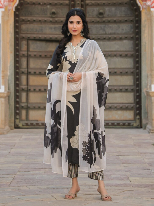 GoSriKi V-neck Embroidered Floral Print Kurta with Trousers & Dupatta