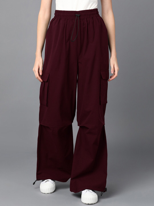 Roadster The Lifestyle Co. Women Maroon High-Rise Baggy Fit Parachute Joggers Trouser