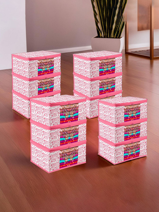 Kuber Industries Pink & White 12 Pieces Printed Saree Cover Organisers