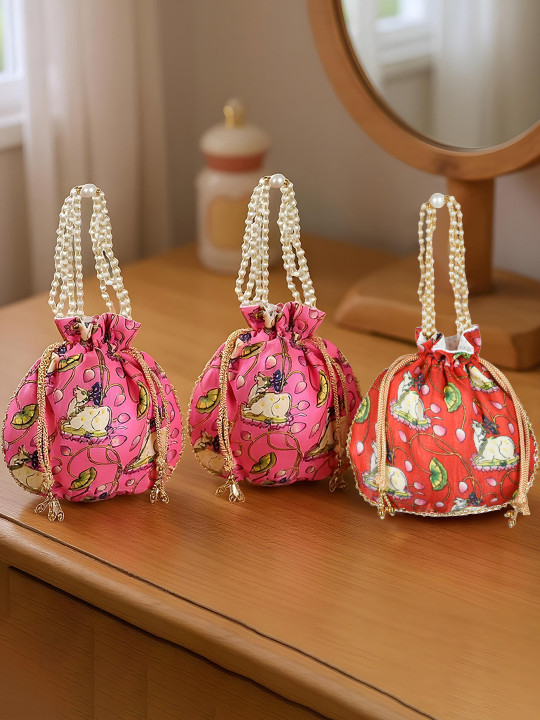 Kuber Industries Pink & Blue 3Pcs Potli Shape Jewellery Clutches