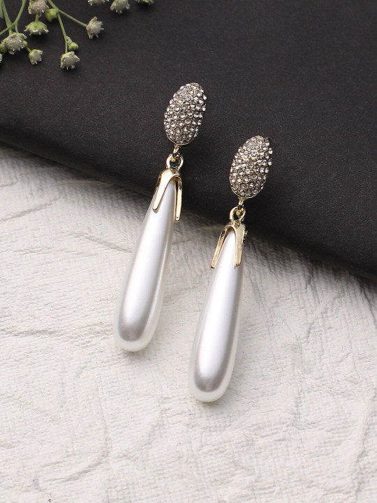 DressBerry White Gold-Plated Stone Studded Drop Earrings