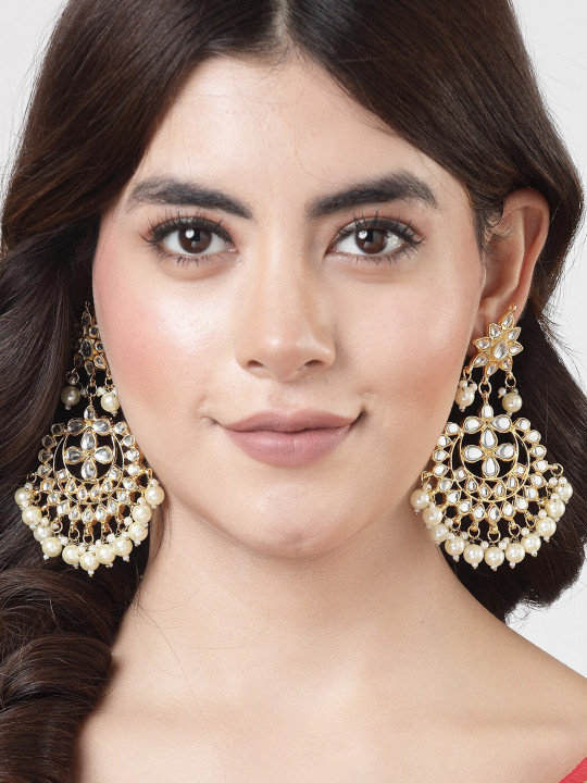 NVR Women Gold-Plated Kundan-Studded Contemporary Chandbali Earrings