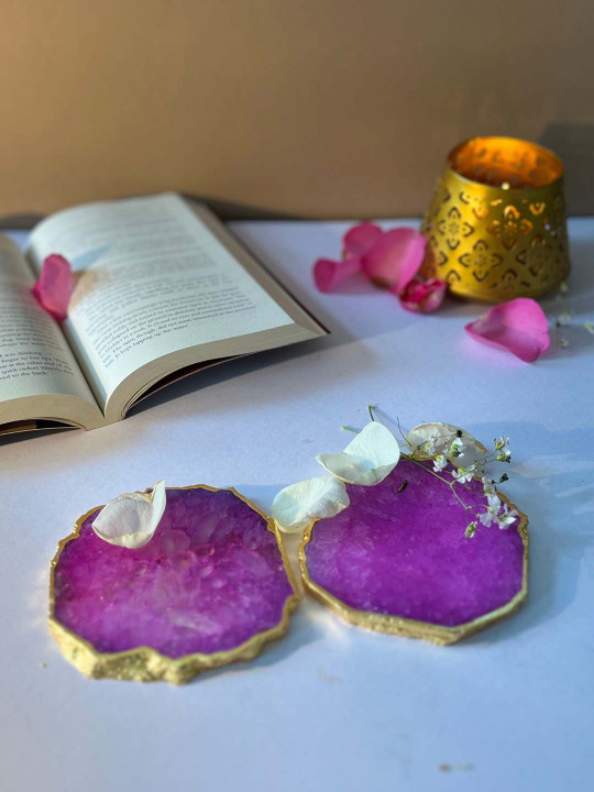 HOMEARTE Pink 2 Pieces Crystal Agate Stone Coasters