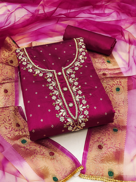 KALINI Ethnic Motifs Woven Design Beads And Stones Unstitched Dress Material
