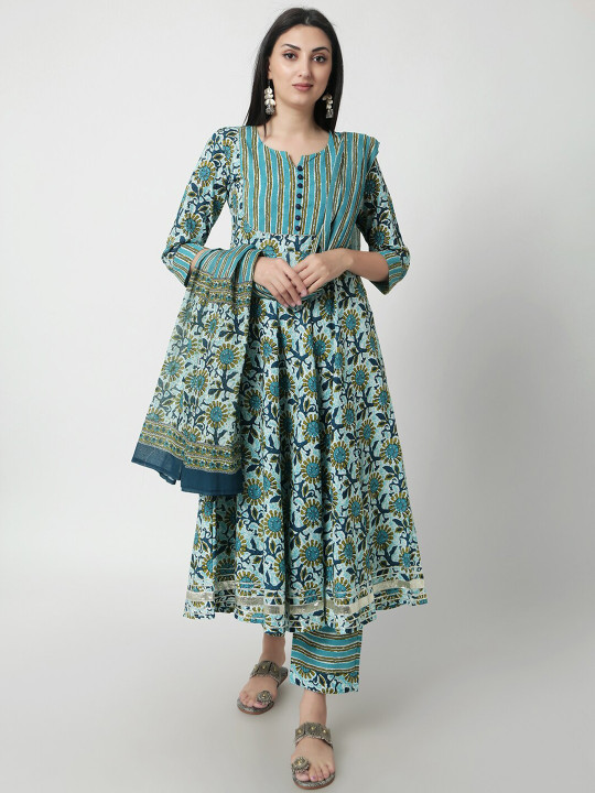KALINI Floral Printed Gotta Patti Pure Cotton Anarkali Kurta with Palazzos & Dupatta