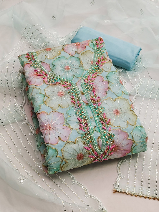 KALINI Floral Printed Beads and Stones Detail Unstitched Dress Material