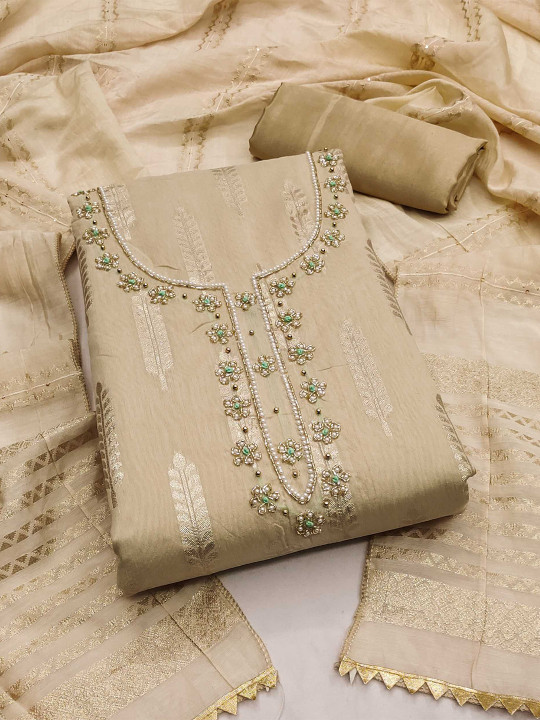 KALINI Woven Design Beads & Stone Banarasi Jacquard Unstitched Dress Material