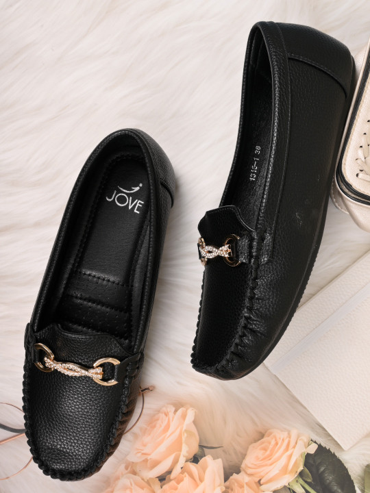 Jove Women Textured Lightweight Slip-On Horsebit Loafers