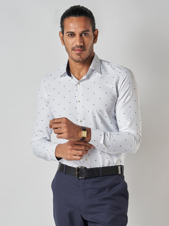 Bubber Blu Relaxed Fit Micro Ditsy Printed Chambray Weaved Opaque Formal Shirt