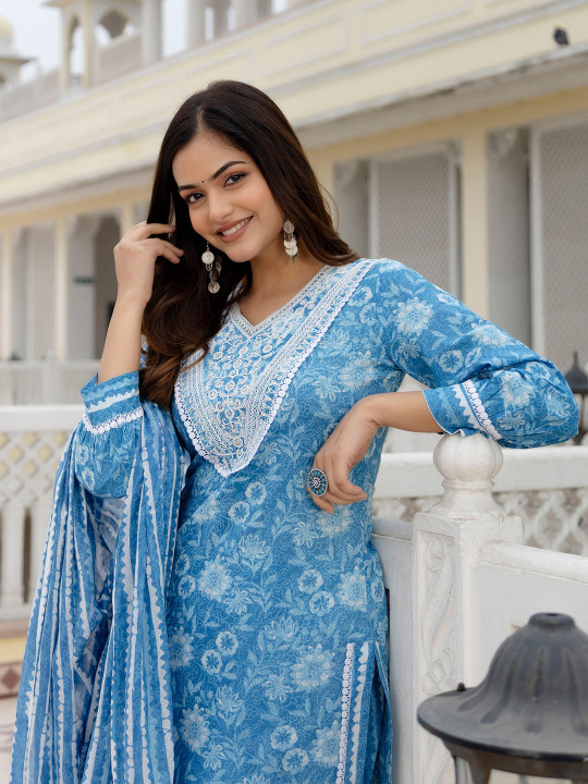 Anouk Floral Embroidered Regular Mirror Work Pure Cotton Kurta with Patiala & Dupatta
