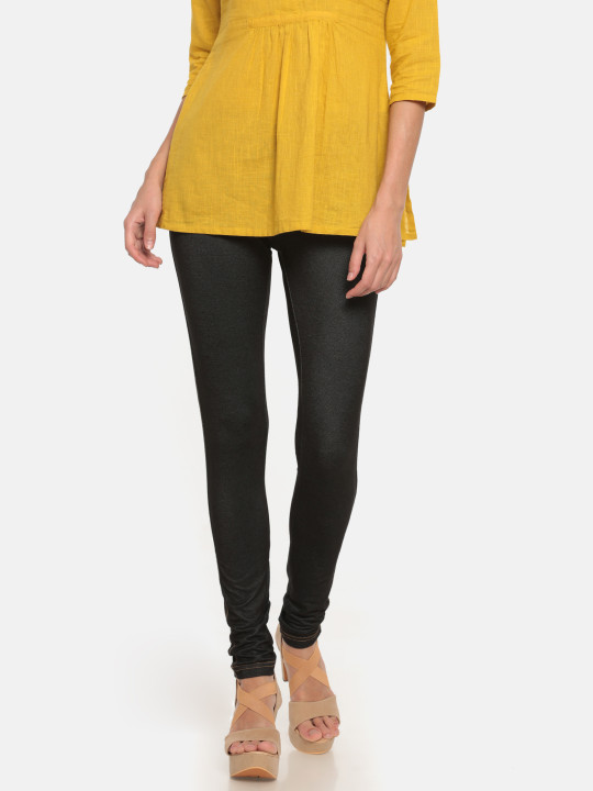 Black Self-Design Churidar Length Leggings