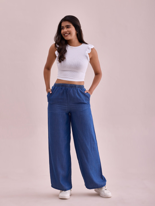 Go Colors Women Blue Solid Denim Wide Leg Palazzos