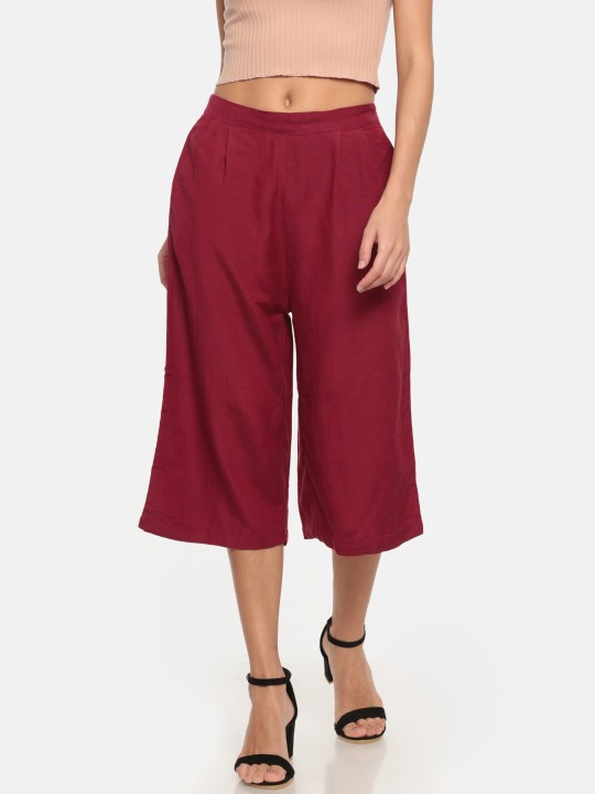 Women Burgundy Linen Blend Solid Wide Leg Culottes 28