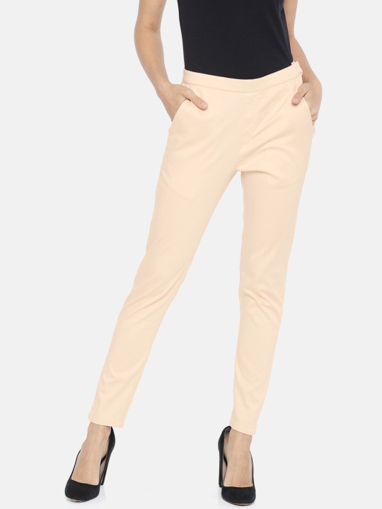 Women Peach-Coloured Tapered Fit Solid Cigarette Trousers 28