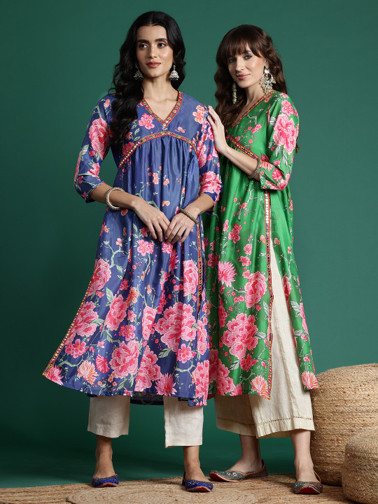 Sangria Women Floral Printed Mirror Work Indie Florals Kurta