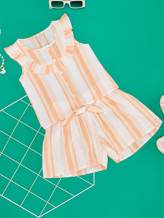 Pantaloons Junior Girls Striped Pure Cotton Top With Shorts