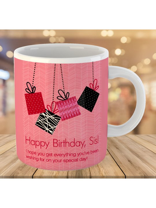 Keviv White & Pink Happy Birthday Sister Printed Ceramic Glossy Coffee Mug 325 ml