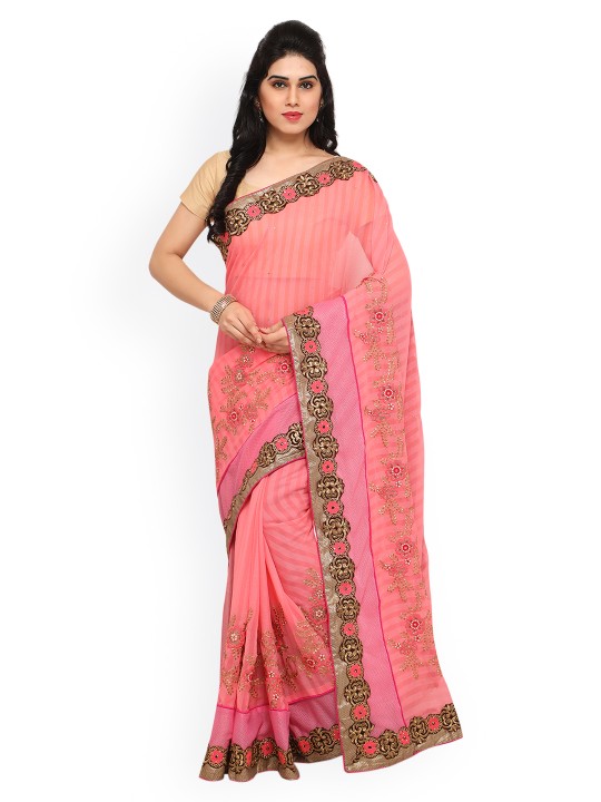 Pink Embroidered Poly Chiffon Saree