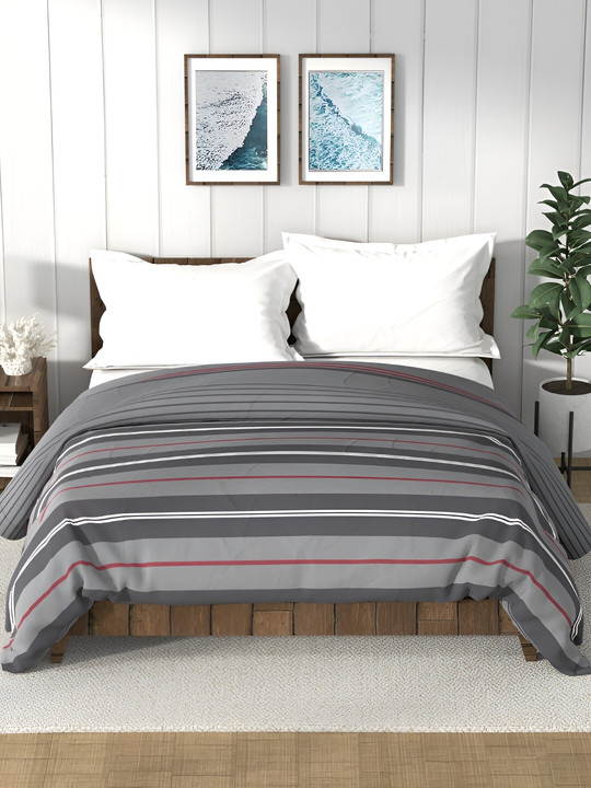 Nautica Bristol Grey & White Striped AC Room 150 GSM Double Bed Comforter
