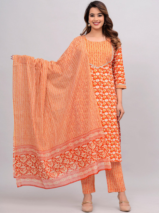 KALINI Abstract Printed Pure Cotton Kurta With Trouser & Dupatta